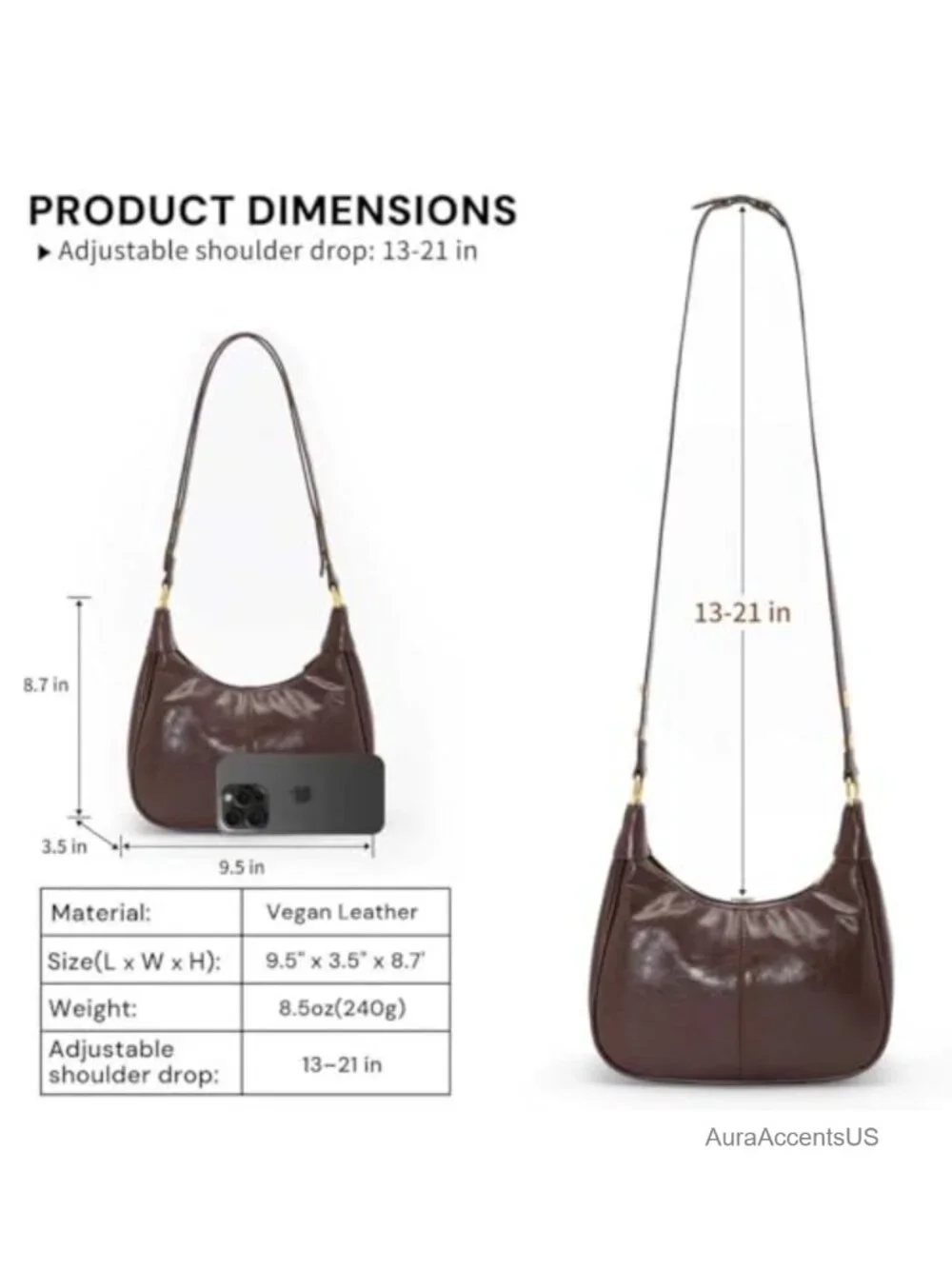 Crescent Shaped Hobo Bag with Zipper Faux Leather Shoulder Purse